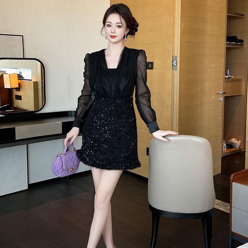 Mock Two-Piece Long-Sleeve Square Neck Plain Sequin Mini Sheath Dress Product Image