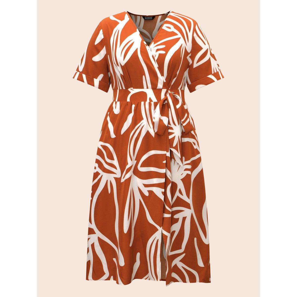 Plus Size Graffiti Overlap Collar Shirred Midi Dress Coral Women At the Office Overlapping Overlap Collar Short sleeve Curvy BloomChic 10/M Product Image