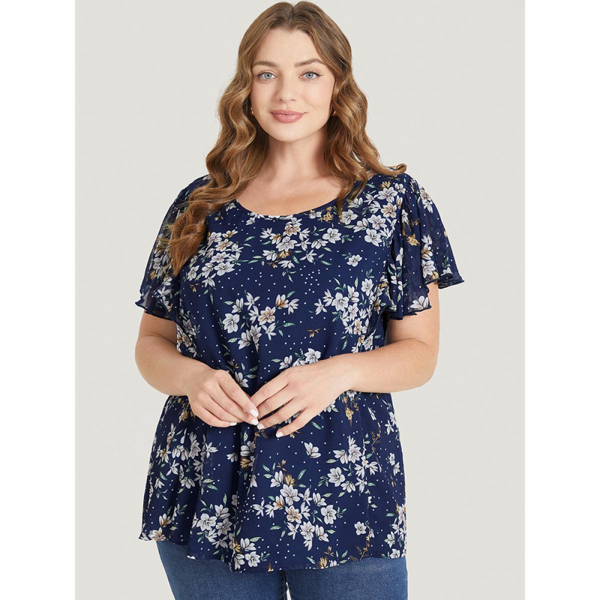 Plus Size Indigo Floral Printed Ruffle Sleeve Round Neck Blouse Women Elegant Short sleeve Round Neck Dailywear Blouses BloomChic 28/5X Product Image