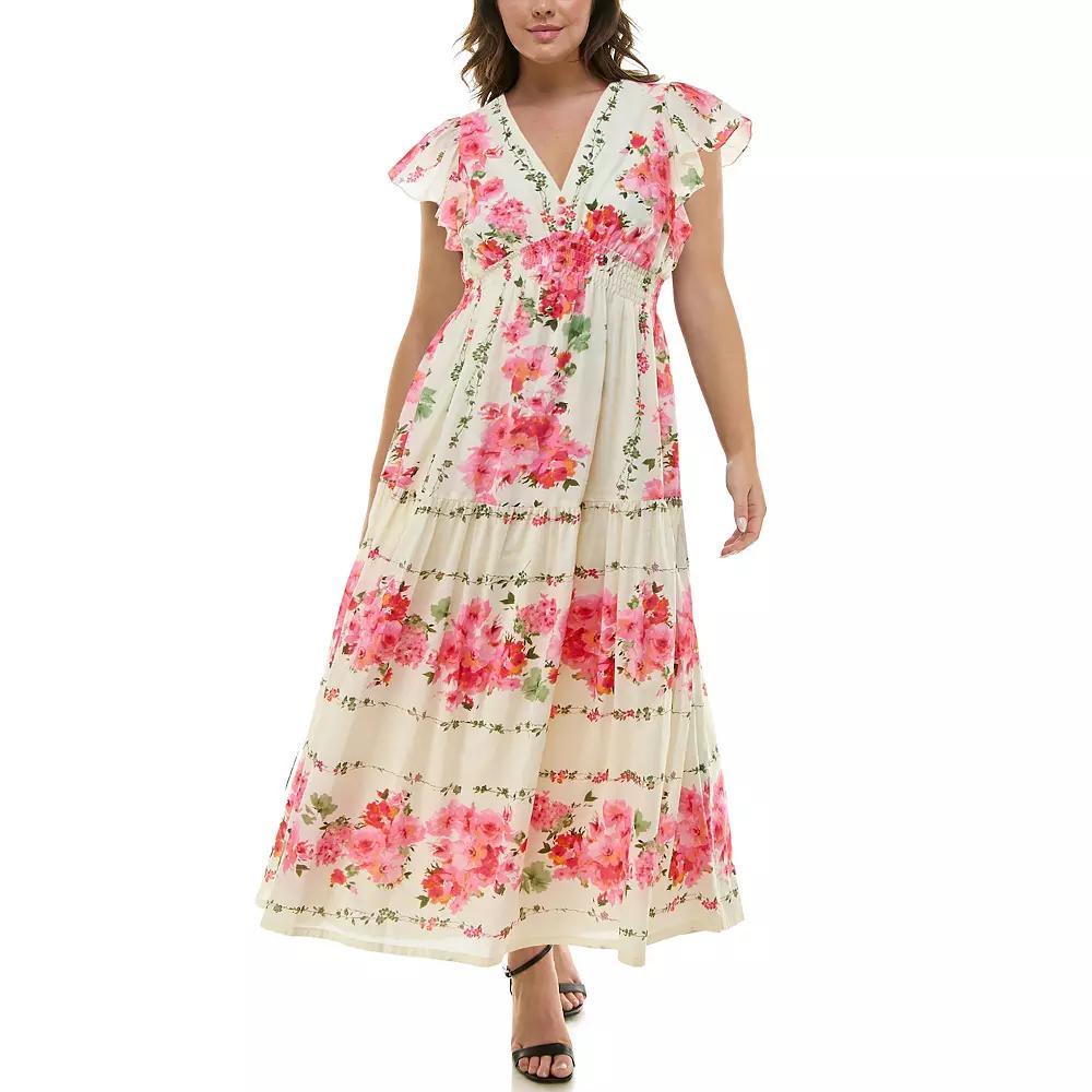 Plus Size Taylor Flutter Sleeve Fit and Flare Dress, Womens Ivory Bubblegum Product Image