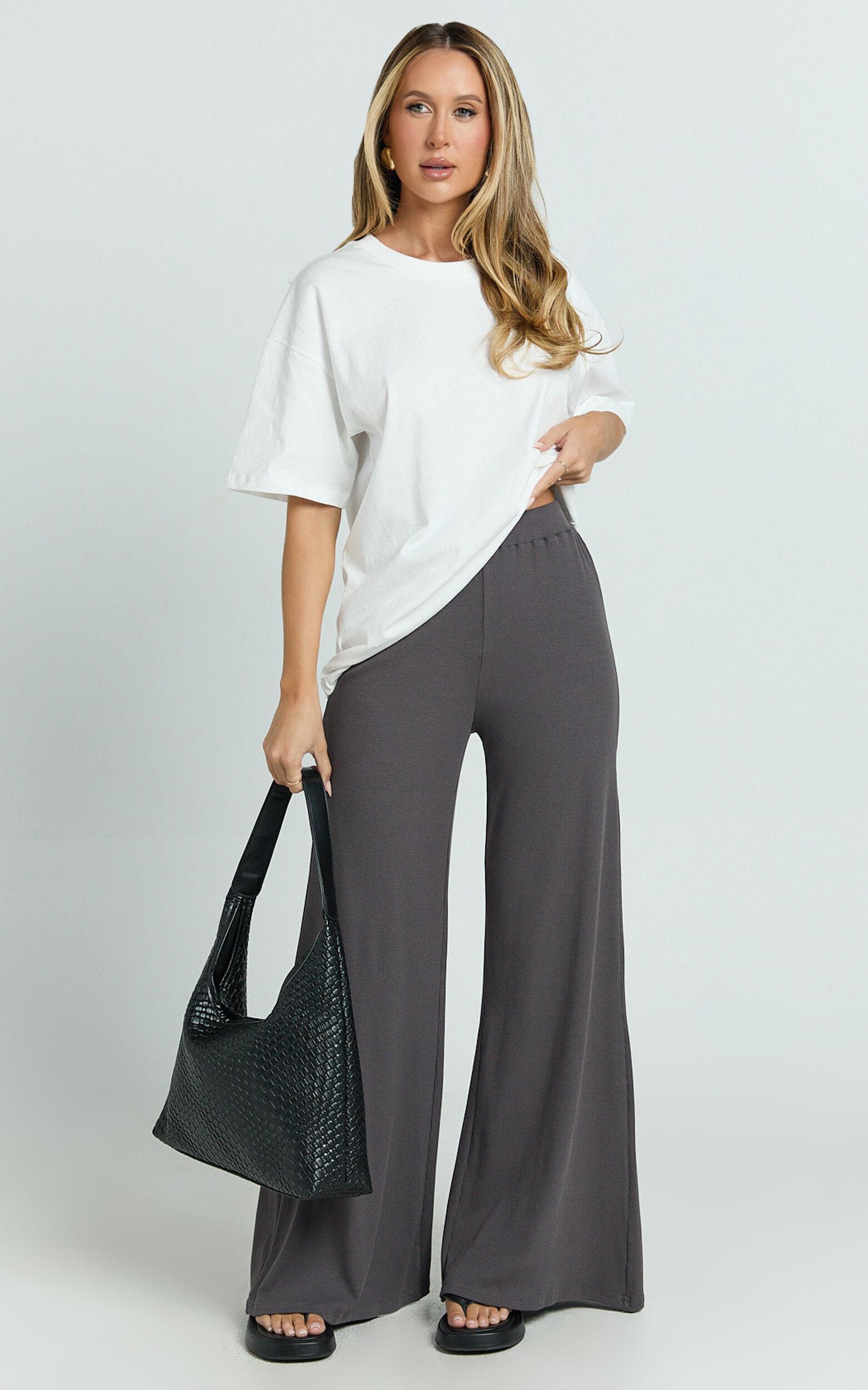 Amalthea Pants - High Waisted Jersey Rib Wide Leg Pants in Charcoal Product Image