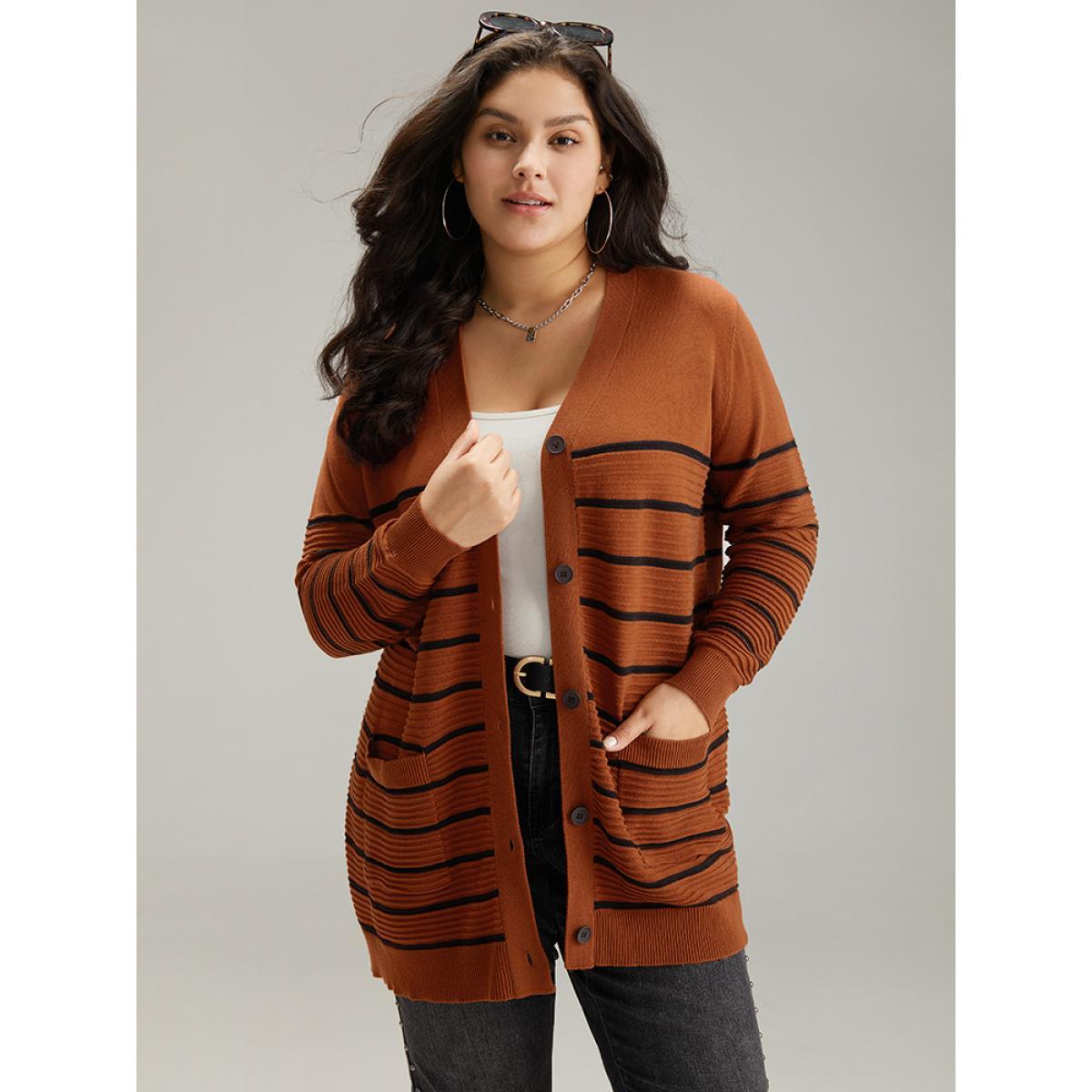 Plus Size Striped Button Down Patched Pocket Cardigan Rust Women Casual Loose Long Sleeve Everyday Cardigans BloomChic 22-24/3X Product Image