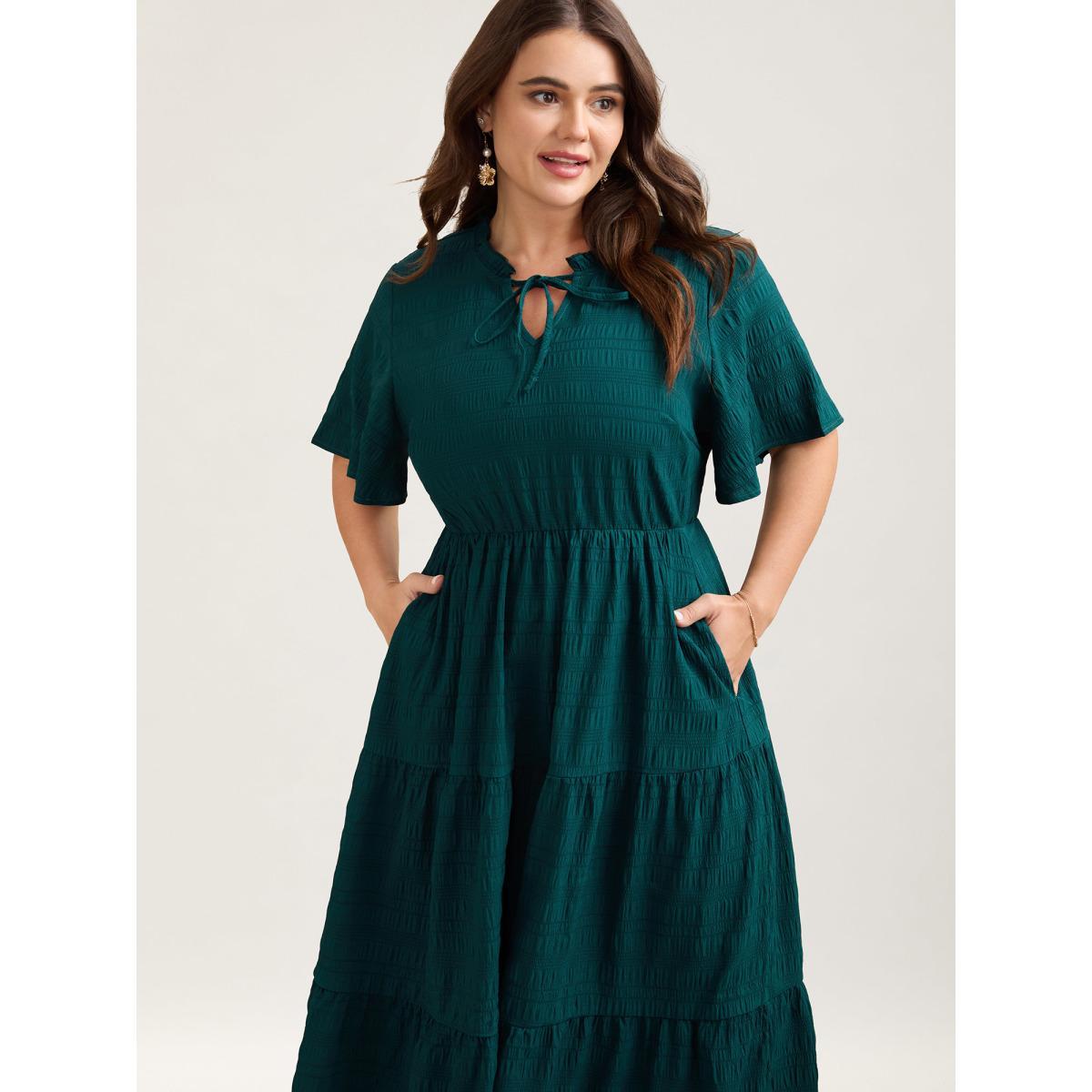 Plus Size Stretchy Waist Frill Trim Pockets Midi Dress Teal Women Elegant Tie knot Flat collar with V-notch Short sleeve Curvy BloomChic 14-16/1X Product Image