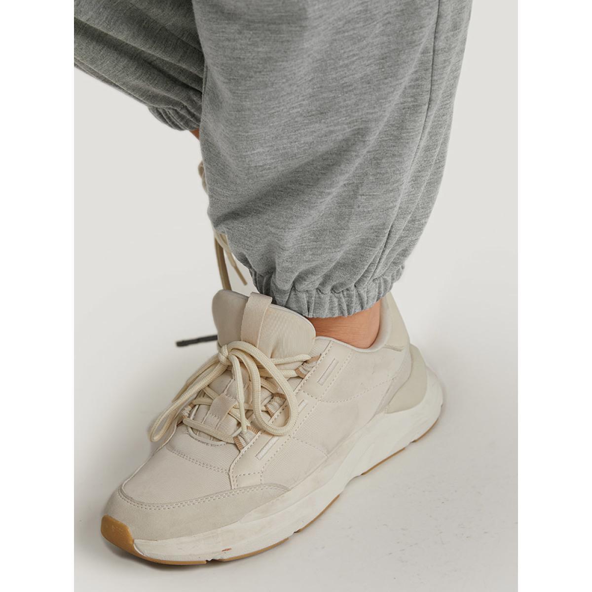 Solid Patched Slant Pocket High Rise Sweatpants Gray Plus Size Women Casual Dailywear Pocket 18-20/2X Bloomchic Product Image