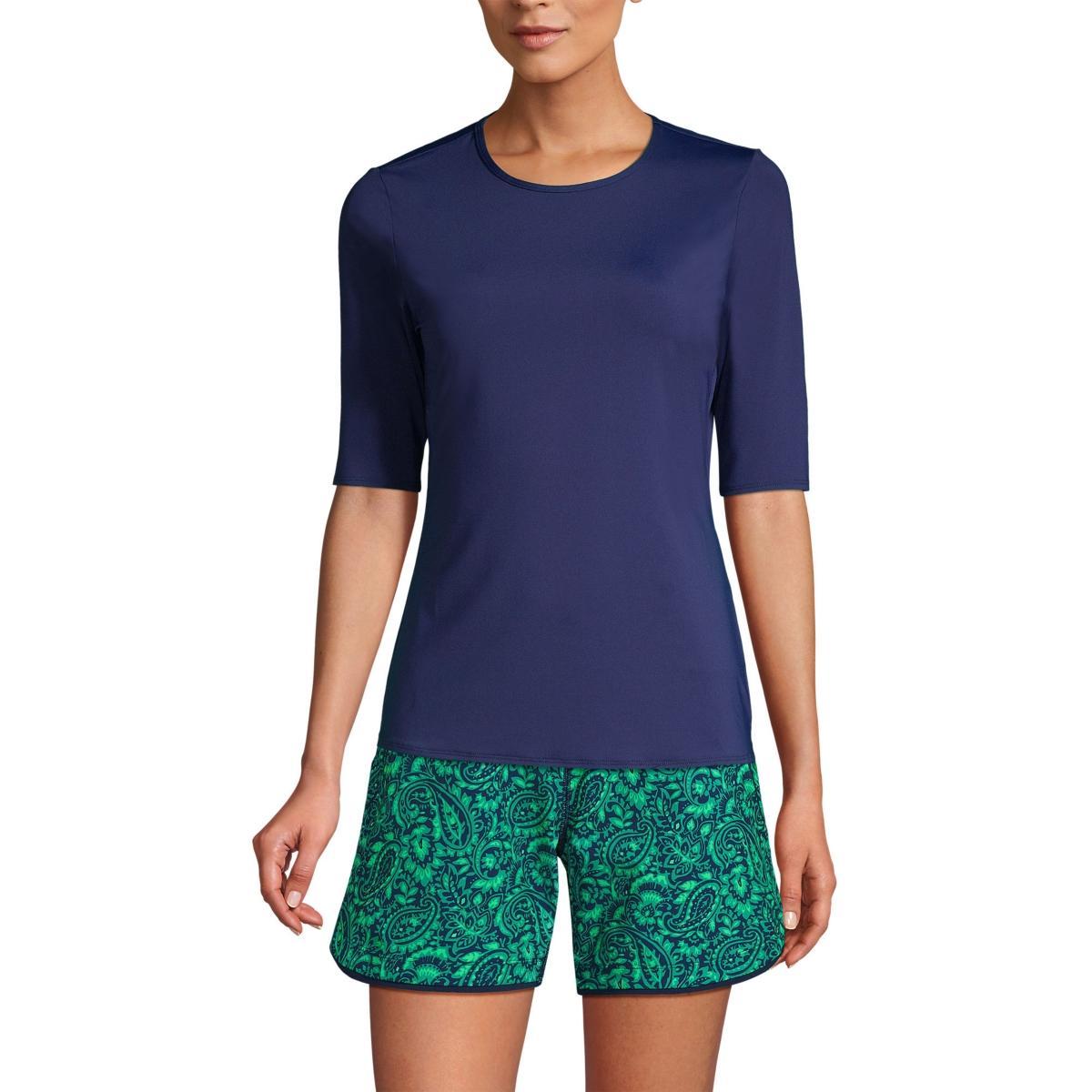 Women's Lands' End UPF 50 Elbow-Sleeve Rash Guard Swim Tee, Size: XL, Red Rose Stripe Product Image