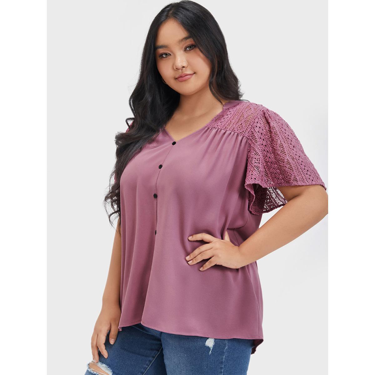 Plus Size DustyPink Plain Contrast Lace Ruffles Button V Neck Blouse Women Casual Short sleeve V-neck Dailywear Blouses BloomChic 18-20/2X Product Image
