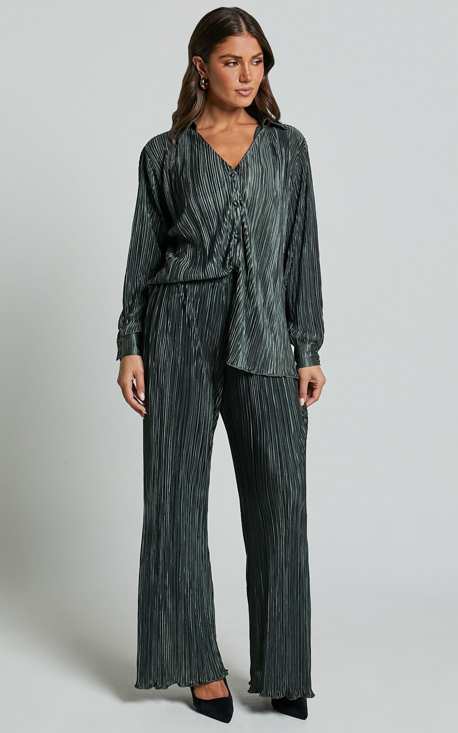 Beca Pants - High Waisted Plisse Flared Pants in Olive Product Image