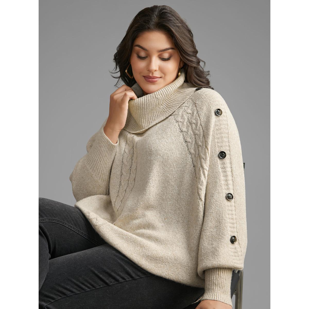Plus Size Turtleneck Cable Knit Asymmetrical Hem Pullover Champagne Women Casual Loose Long Sleeve Ruffled collar Everyday Pullovers BloomChic 28/5X Product Image