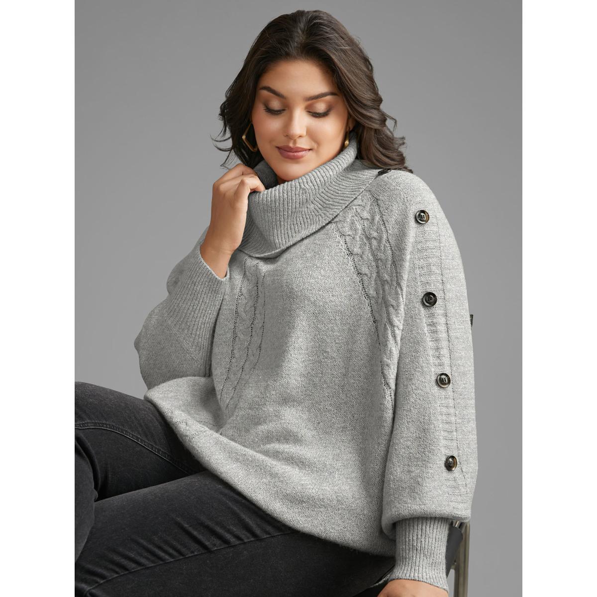Plus Size Turtleneck Cable Knit Asymmetrical Hem Pullover LightGray Women Casual Loose Long Sleeve Ruffled collar Everyday Pullovers BloomChic 14-16/1X Product Image