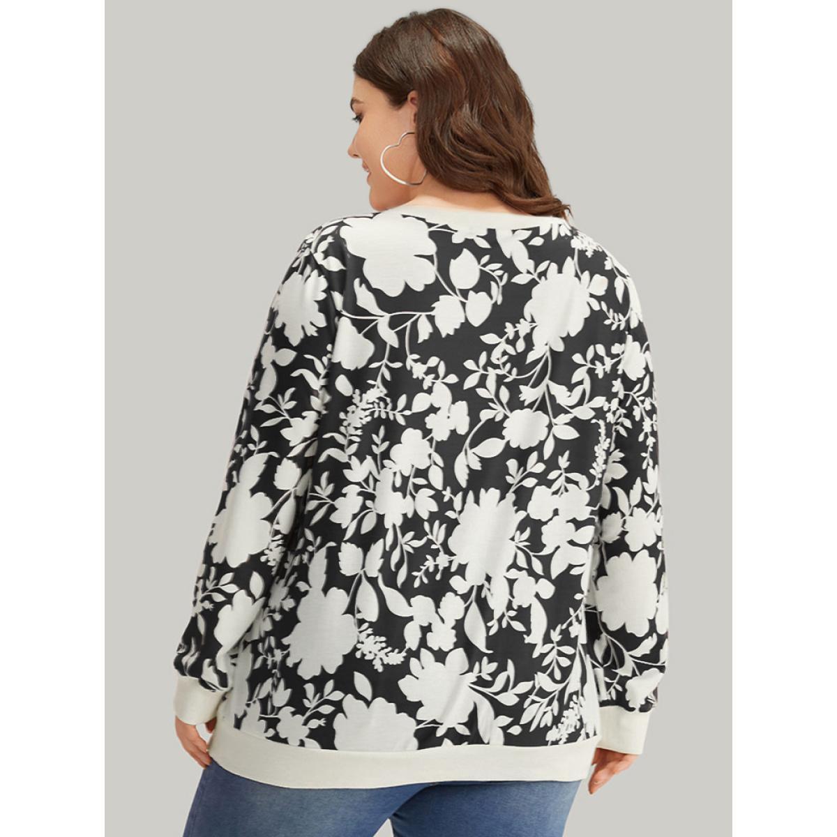 Plus Size Silhouette Floral Print Contrast Trim V Neck Sweatshirt Women DarkBlue Casual Elastic cuffs V-neck Dailywear Sweatshirts BloomChic 10/M Product Image