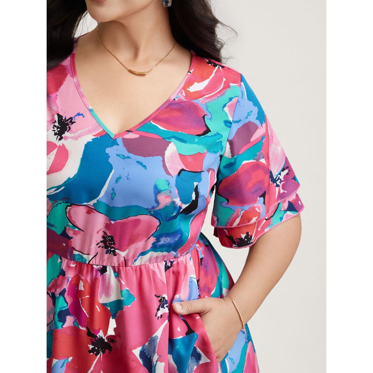 Plus Size Multi-Color Floral V-Neck Pockets Midi Dress Skyblue Women Elegant Ruffles V-neck Short sleeve Curvy BloomChic 14-16/1X Product Image