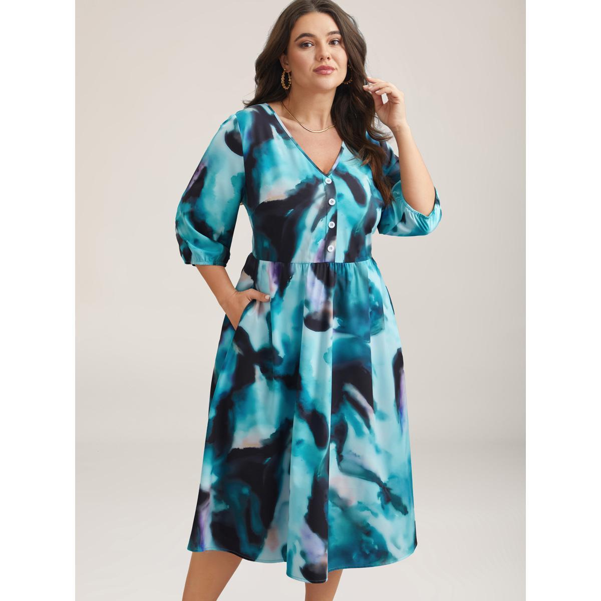 Plus Size Tie-Dye Placket V-Neck Midi Dress Arctic Women Elegant Button V-neck Elbow-length sleeve Curvy BloomChic 30/6X Product Image