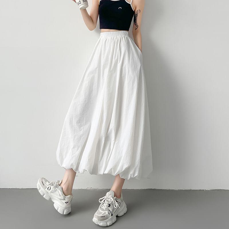 High Waist Plain Midi A-Line Skirt Product Image