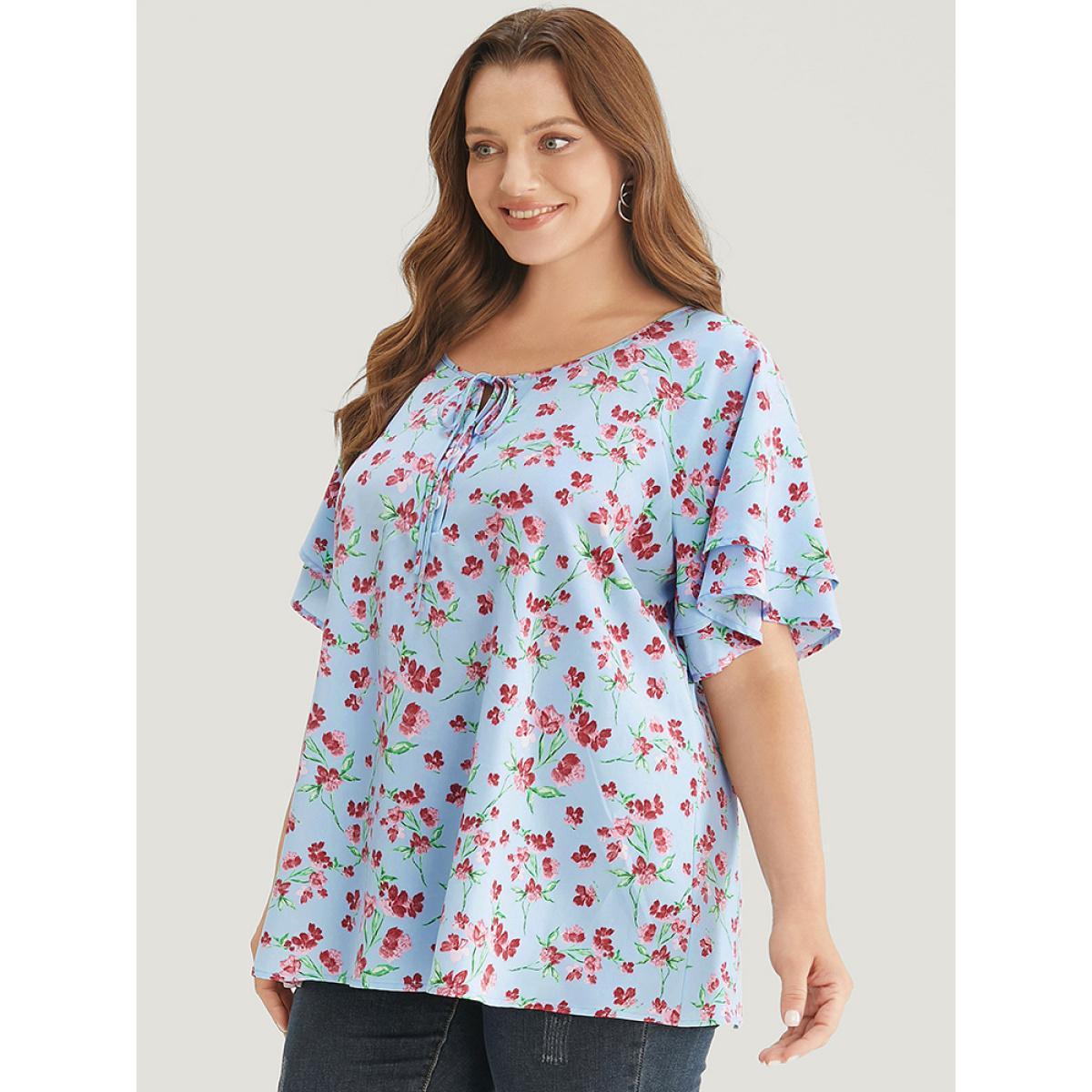 Plus Size LightBlue Ditsy Floral Keyhole Knot Neck Tiered Sleeve Blouse Women Elegant Short sleeve Round Neck Dailywear Blouses BloomChic 22-24/3X Product Image
