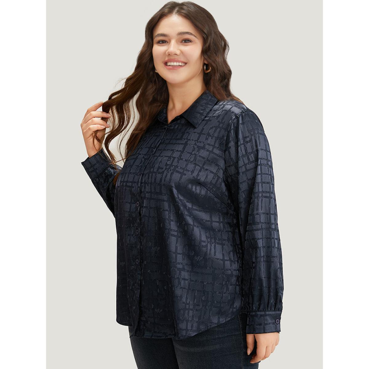 Plus Size Indigo Plisse Satin Button Up Curved Hem Blouse Women Office Long Sleeve Shirt collar Work Blouses BloomChic 18-20/2X Product Image