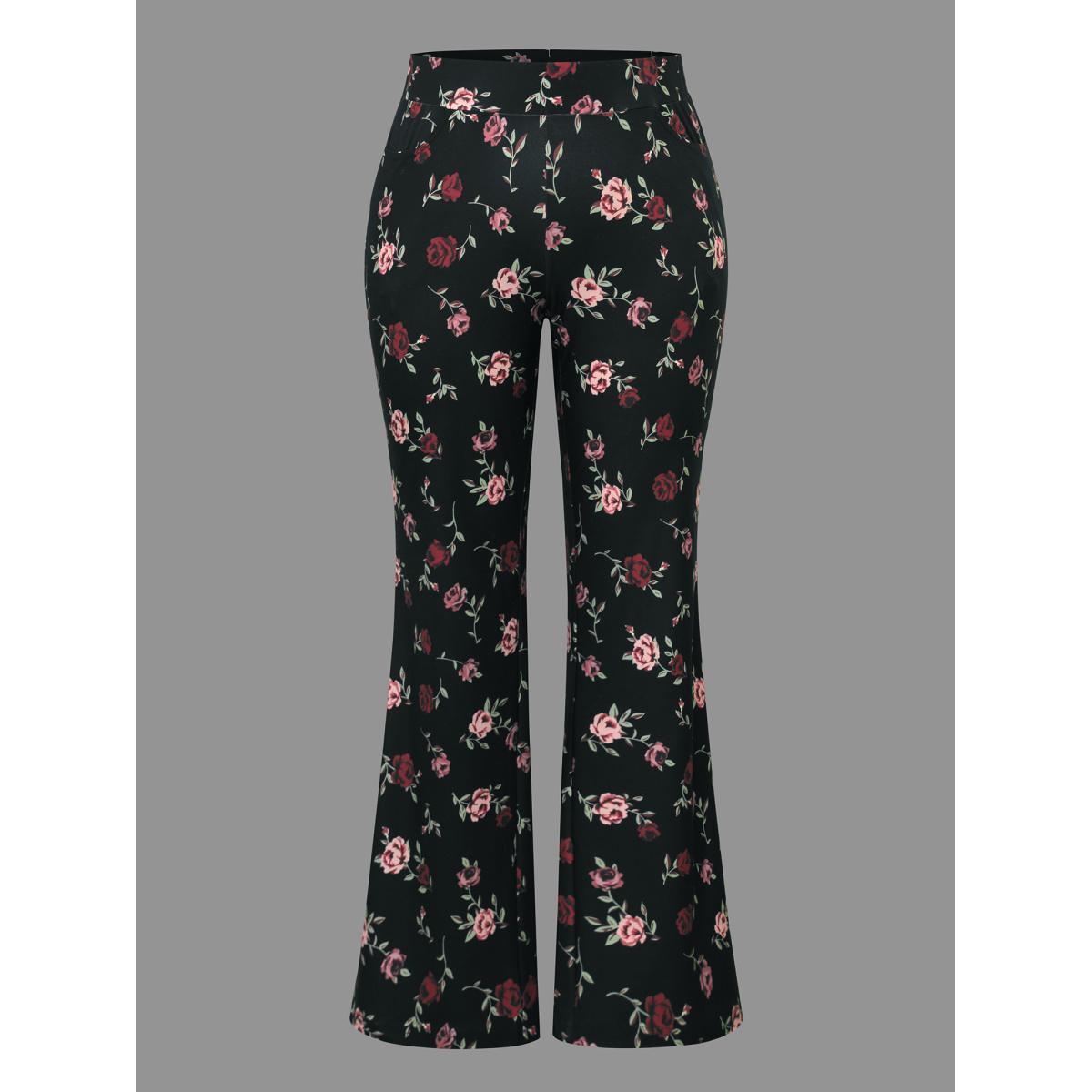 Plus Size Floral Mid-Rise Bootcut Pants Women BlackFlower Elegant High stretch Bootcut Mid Rise Everyday Leggings BloomChic 12/L Product Image