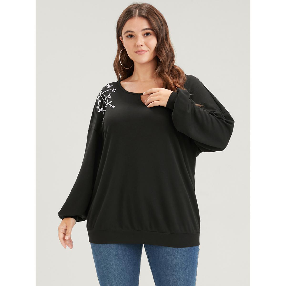Plus Size Solid Plant Embroidered Keyhole Neck Sweatshirt Women Black Casual Embroidered Loose Round Neck Dailywear Sweatshirts BloomChic 10/M Product Image