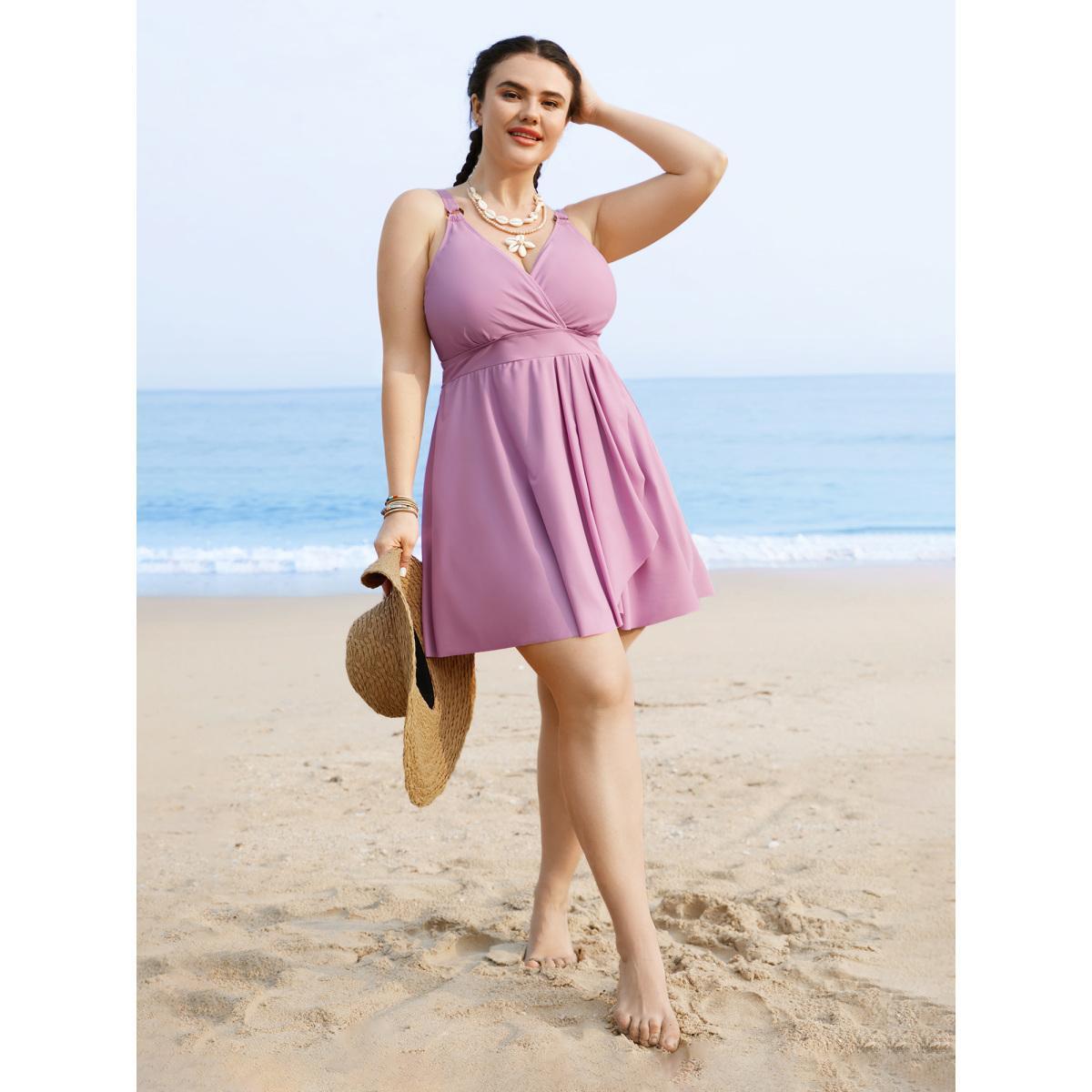 Plus Size Overlap Collar Plain Slit Hem Swim Dress Women's Swimwear Lilac Beach Bodycon Overlap Collar High stretch Curve Swim Dresses BloomChic 10/M Product Image