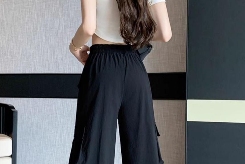 High Waist Plain Wide Leg Cargo Pants Product Image