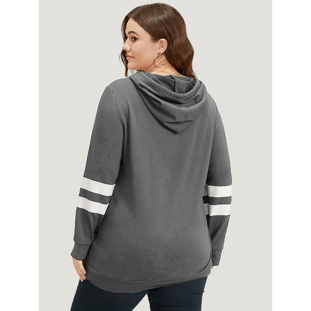 Plus Size Halloween Print Striped Patchwork Hooded Drawstring Sweatshirt Women Gray Casual Elastic cuffs Festival-Halloween Sweatshirts BloomChic 30/6X Product Image