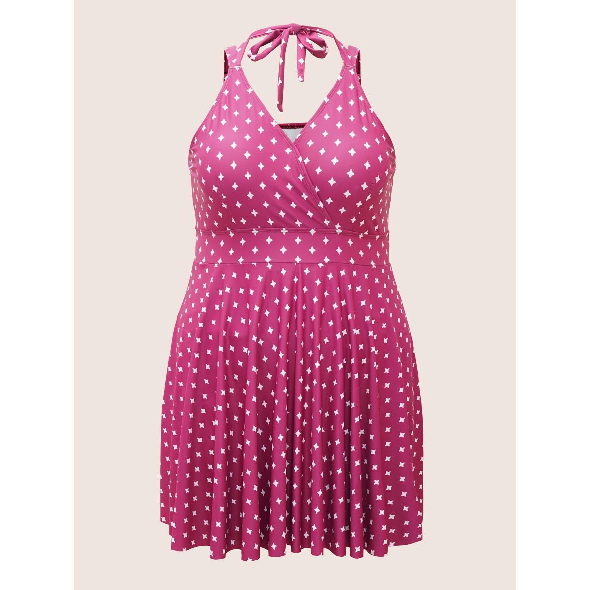 Plus Size Overlap Collar Geometric Tie Knot Swim Dress Women's Swimwear Deeppurplered Beach Bodycon Overlap Collar High stretch Curve Swim Dresses BloomChic 12/L Product Image
