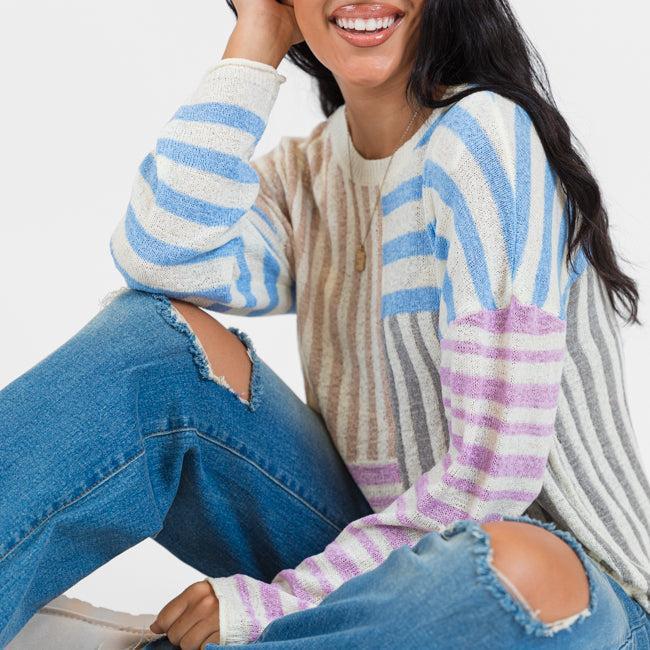 He Loves Me Taupe Multi Stripe Lightweight Sweater Product Image