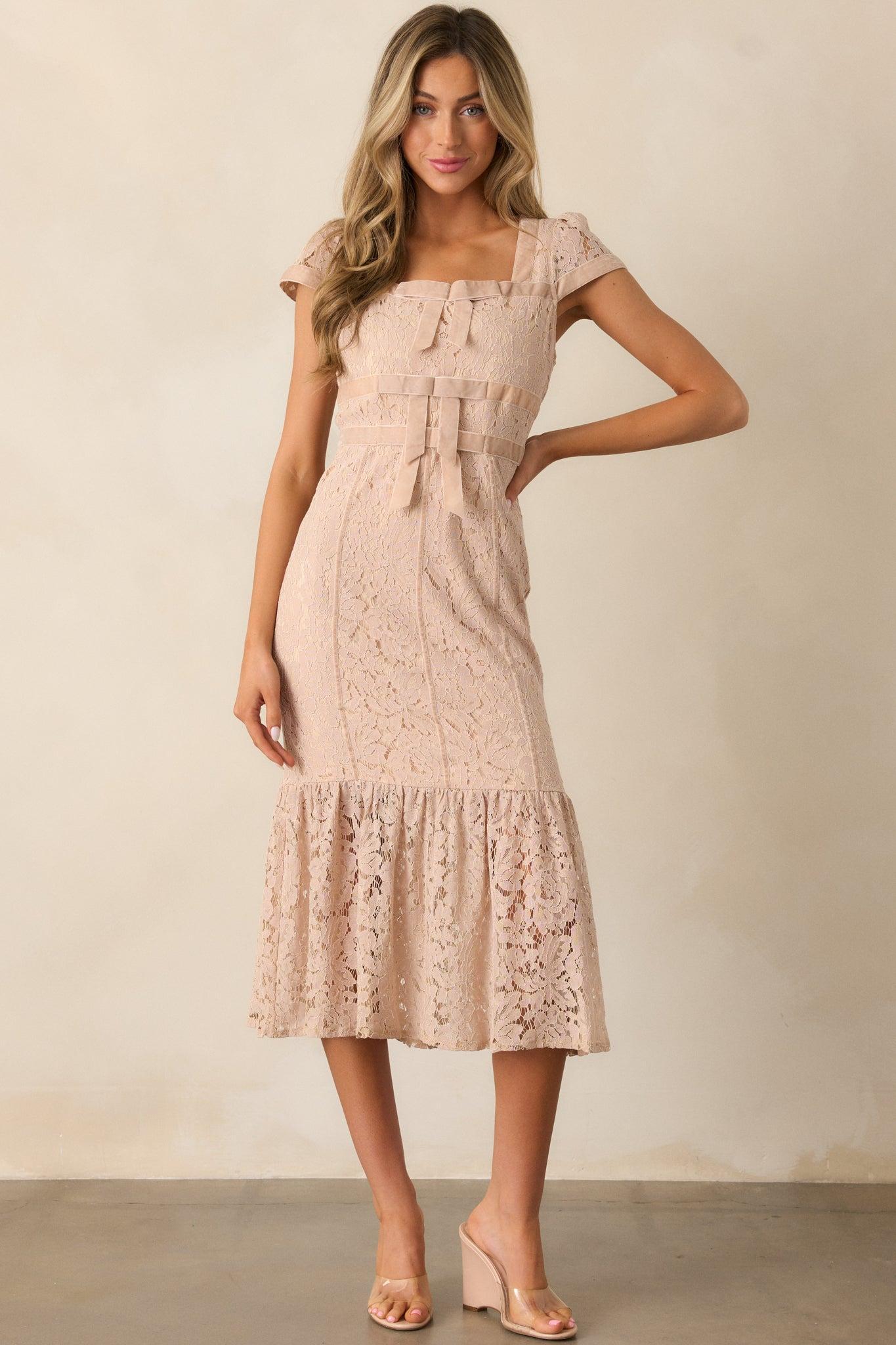Cobblestone Chronicles Blush Lace Midi Dress Product Image