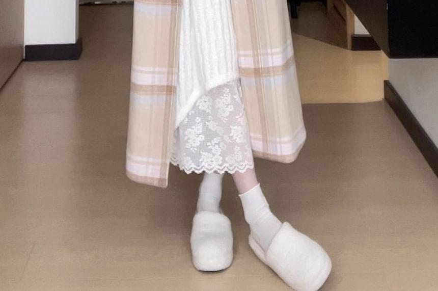 Long-Sleeve V-Neck Mock Two-Piece Asymmetrical Lace Panel Layered Midi A-Line Knit Dress / Mock Neck Dress Product Image