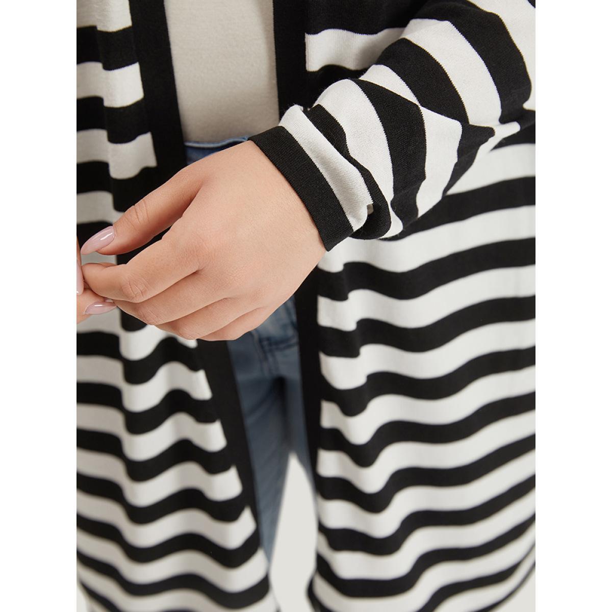 Plus Size Striped Open Front Drop Shoulder Tunic Cardigan Black Women Casual Loose Long Sleeve Dailywear Cardigans BloomChic 18-20/2X Product Image