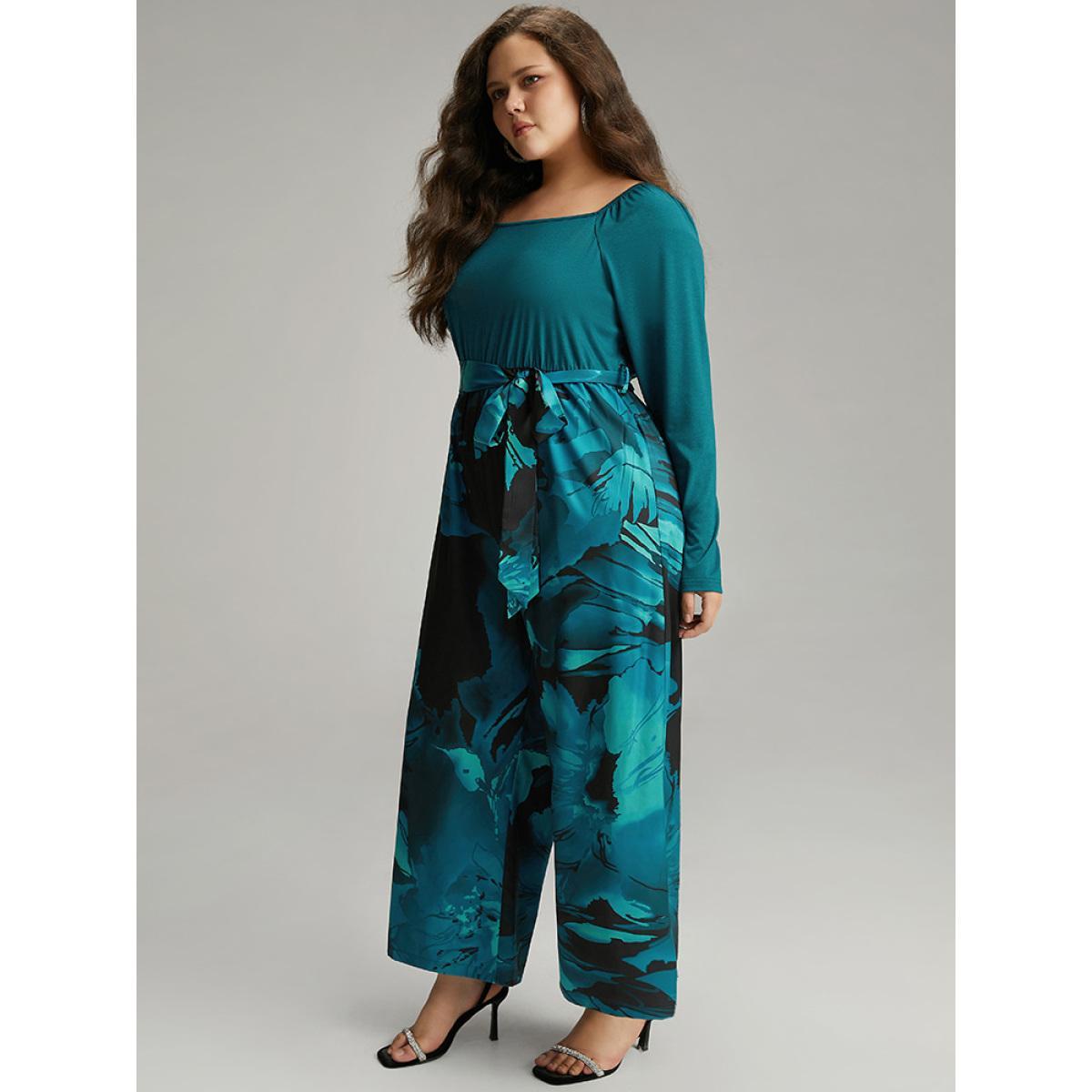 Plus Size Teal Floral Square Neck Gathered Belted Jumpsuit Women Glamour Long Sleeve Square Neck Going out Loose Jumpsuits BloomChic 22-24/3X Product Image
