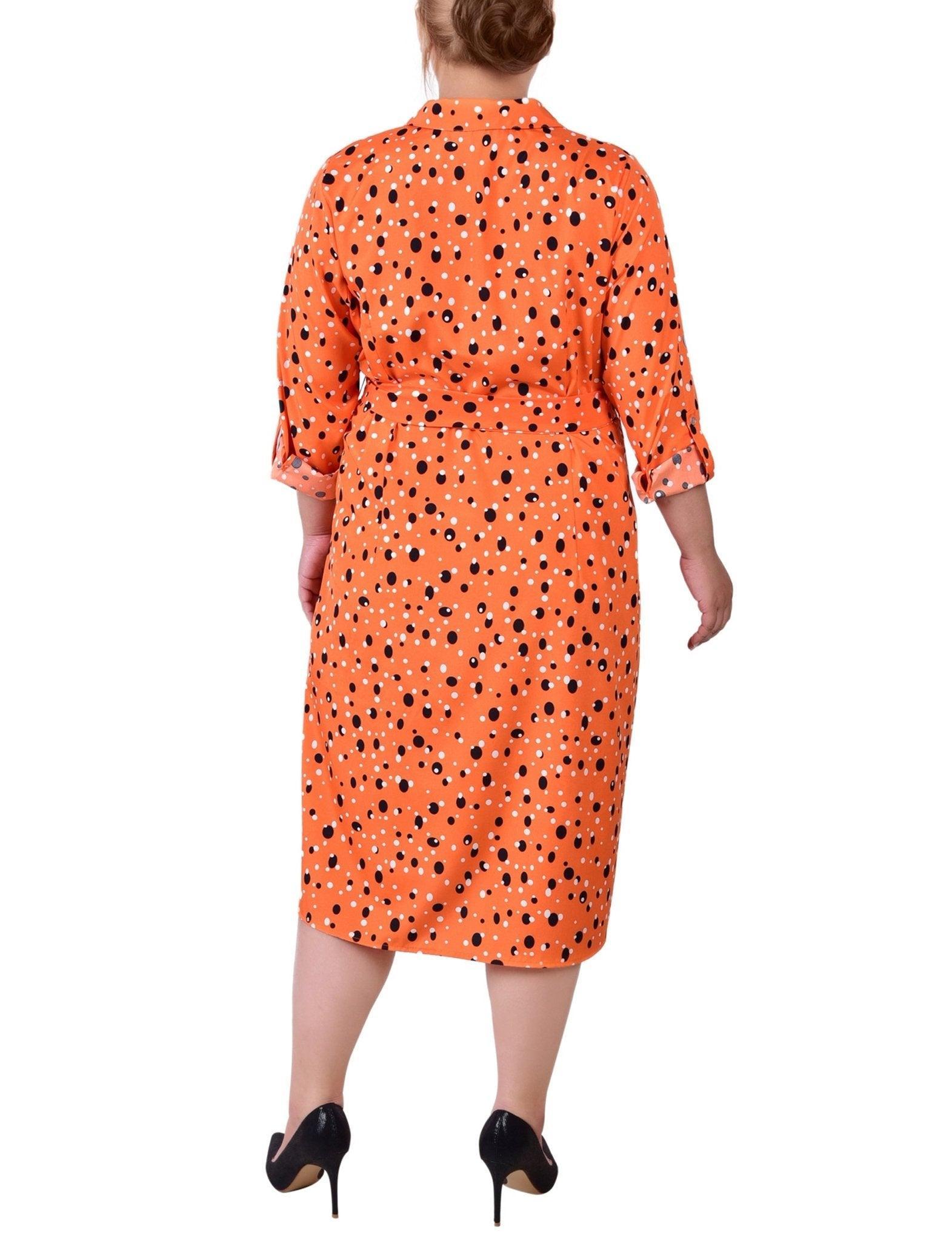 Rust Black Bubble 3/4 Roll Tab Sleeve Belted Shirtdress - Plus Product Image