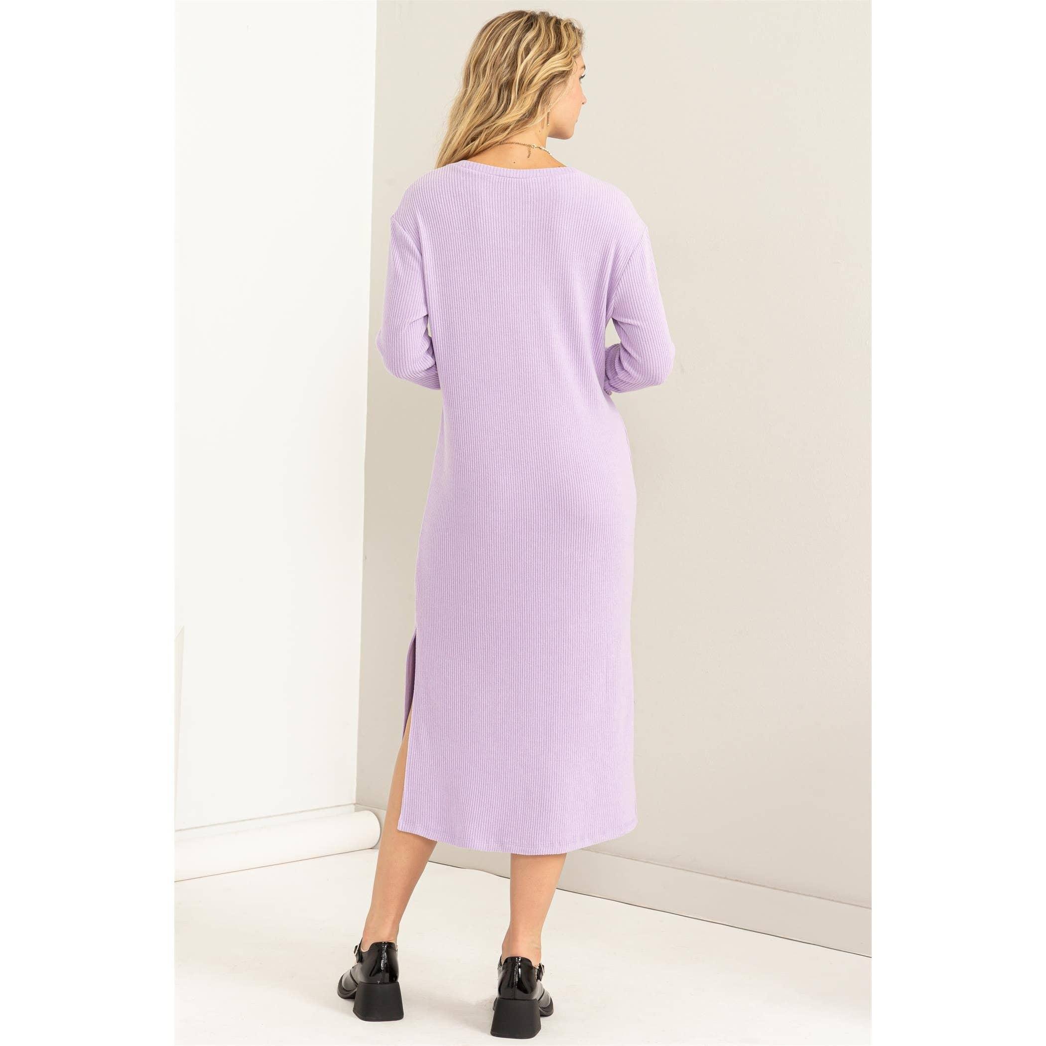 Lavender Ribbed Long Sleeve Midi Dress Product Image