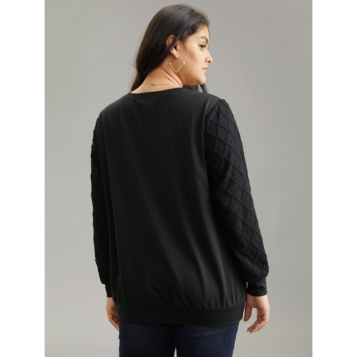 Plus Size Plain Textured Patchwork Jacquard Sweatshirt Women Black Casual Texture V-neck Dailywear Sweatshirts BloomChic 12/L Product Image