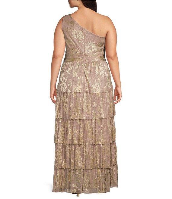 R & M Richards Plus Size One Shoulder Metallic Foil Printed Rosette Dress Product Image