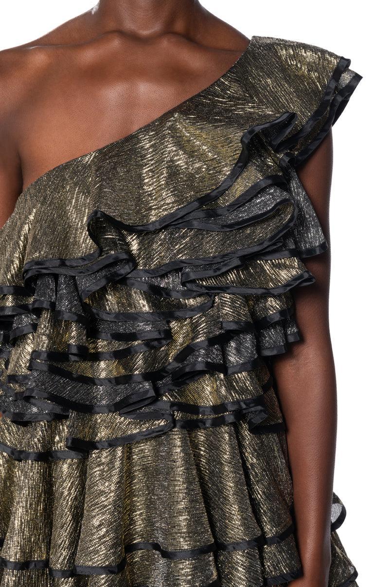 COVER ME IN GOLD RUFFLE MINI DRESS Product Image