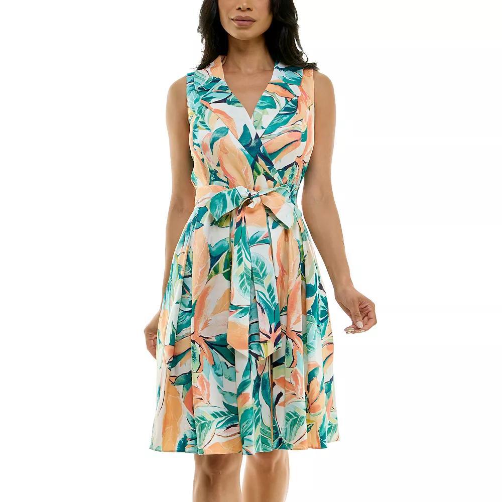 Women's Nina Leonard Floral Print Tie Waist Collared Sleeveless Fit & Flare Dress, Size: 14, Pink Team Product Image