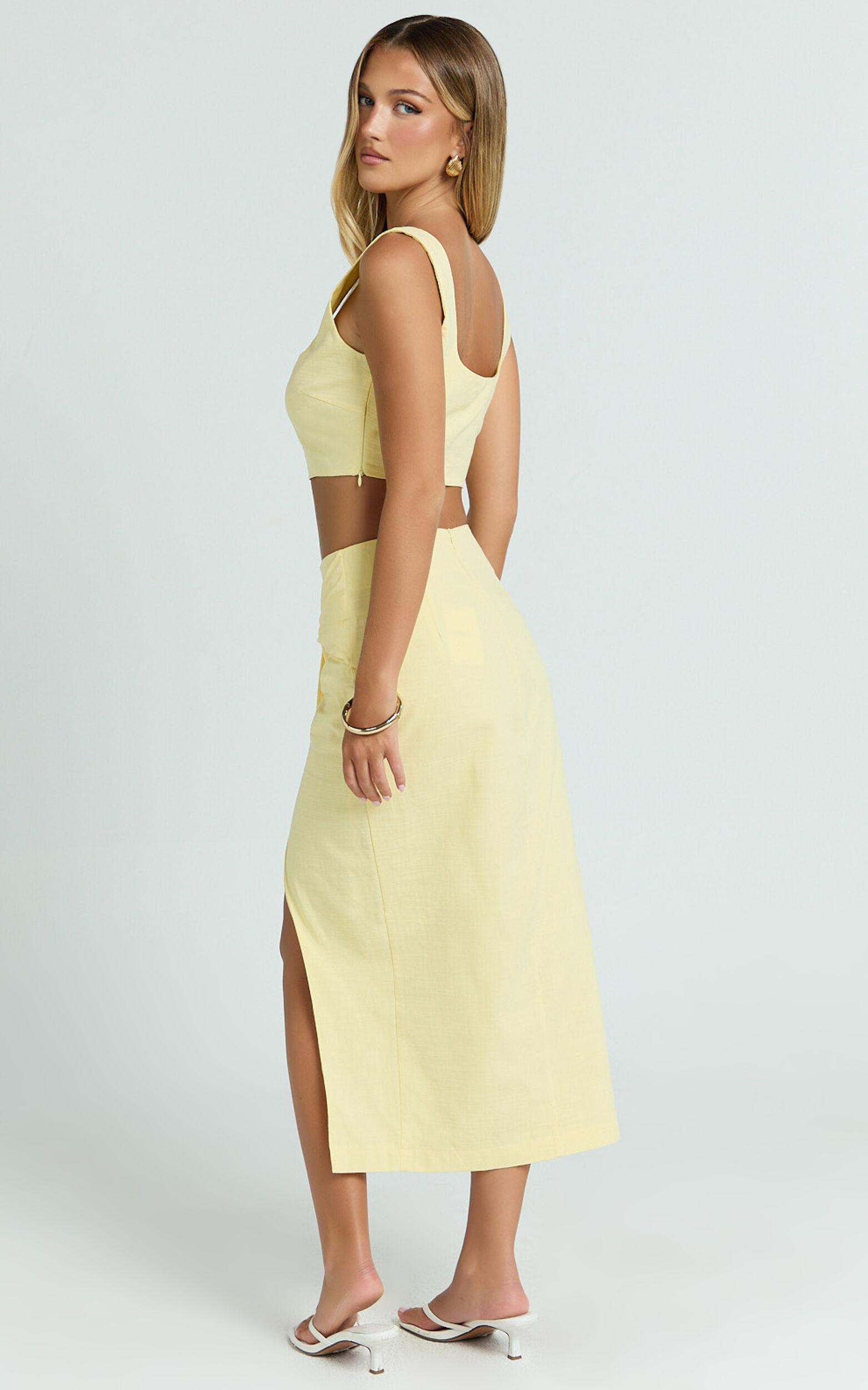 Gibson Two Piece Top and Skirt Set - Linen Crop Top and Knot Front Midi Skirt Set in Yellow Product Image