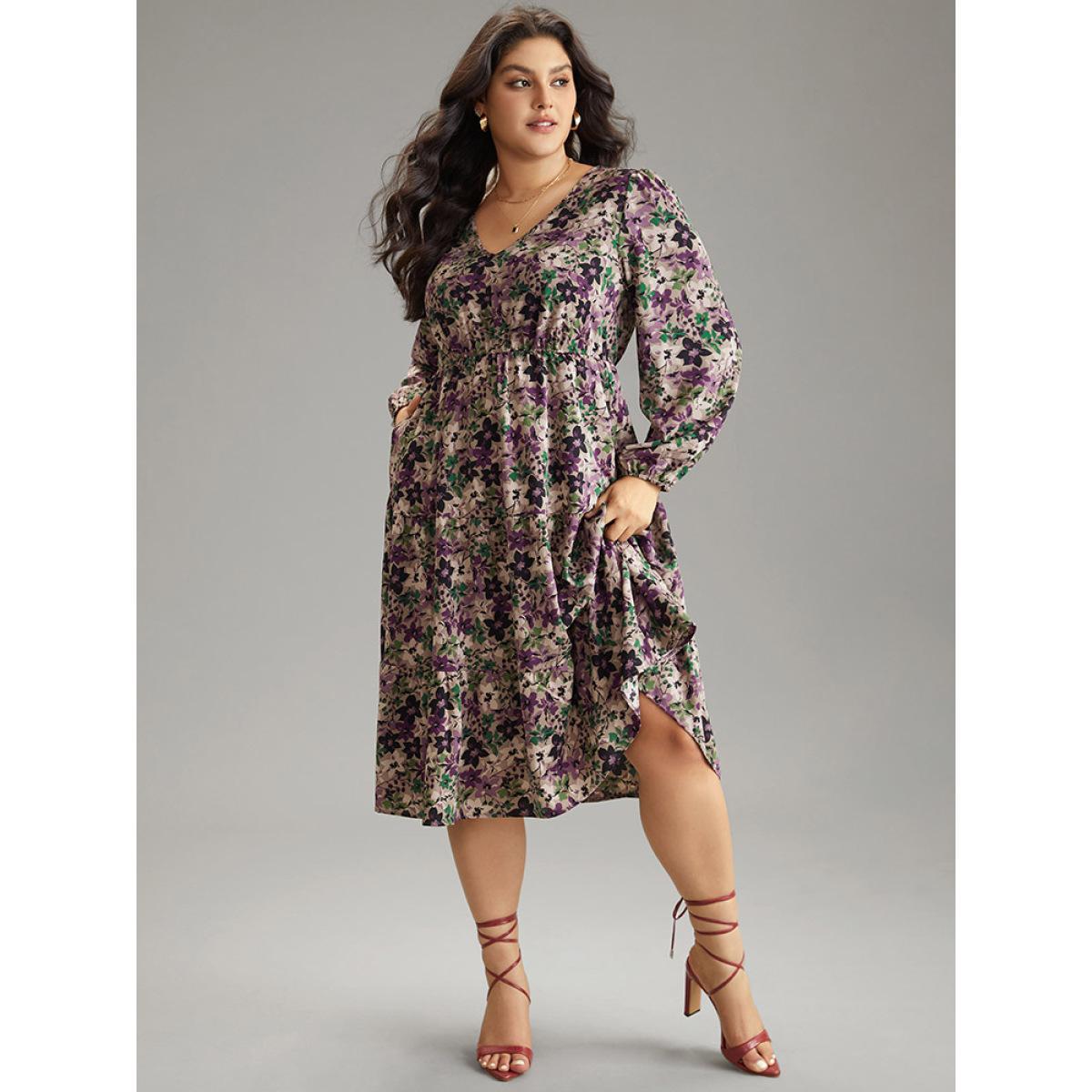Plus Size Floral Gathered Ruffle Layered Hem Dress Mauve Women Elegant Elastic cuffs V-neck Long Sleeve Curvy Midi Dress BloomChic 18-20/2X Product Image