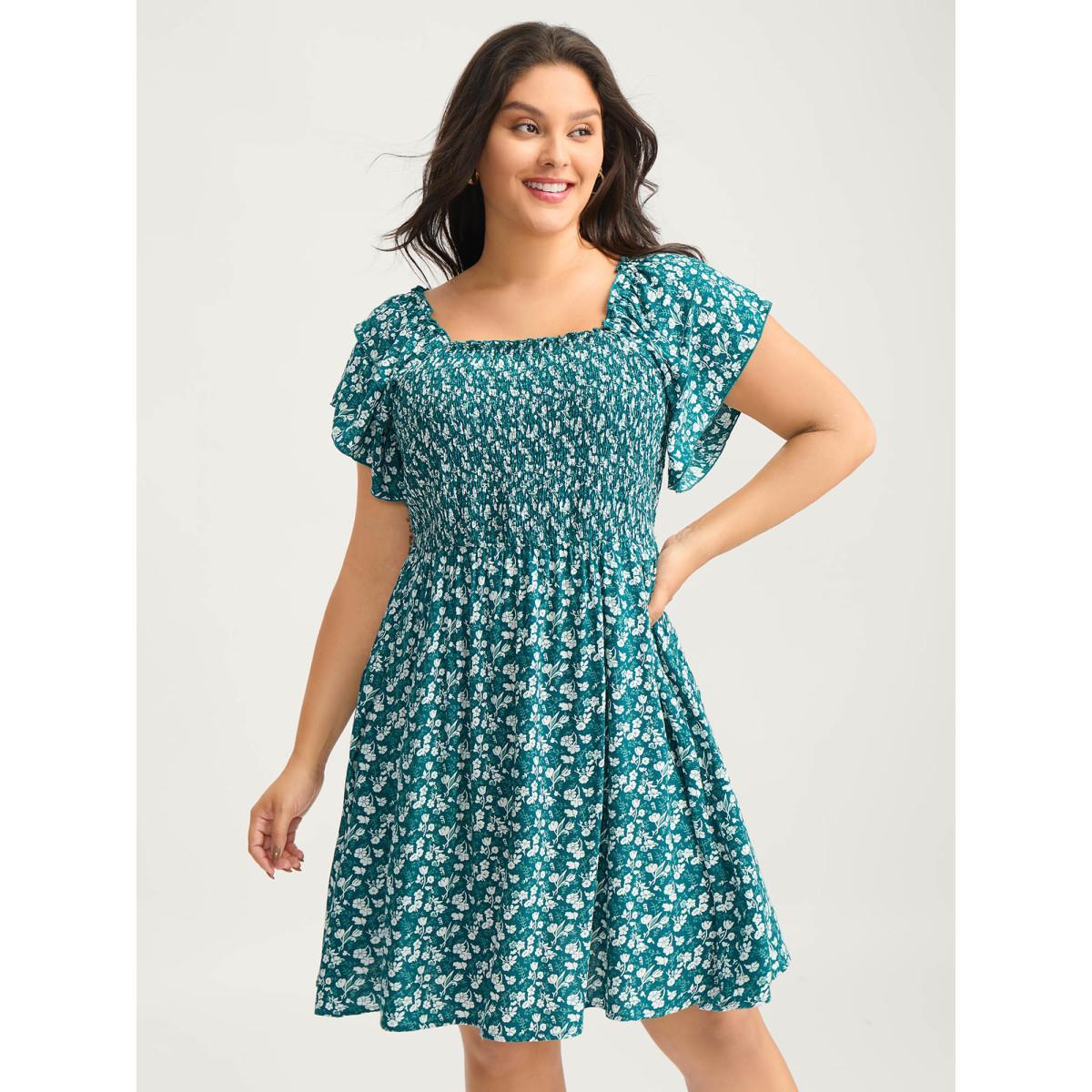 Plus Size Rayon Layered Sleeve Shirred Midi Dress Teal Women Square Neck Cap Sleeve Curvy BloomChic 30/6X Product Image