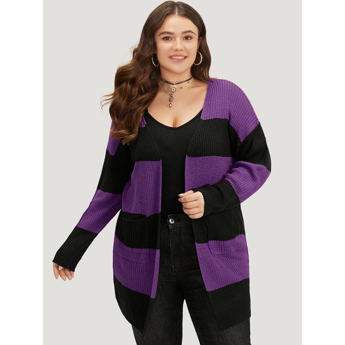 Plus Size Halloween Colorblock Patched Pocket Tunic Cardigan Eggplant Women Casual Loose Long Sleeve Festival-Halloween Cardigans BloomChic 12/L Product Image