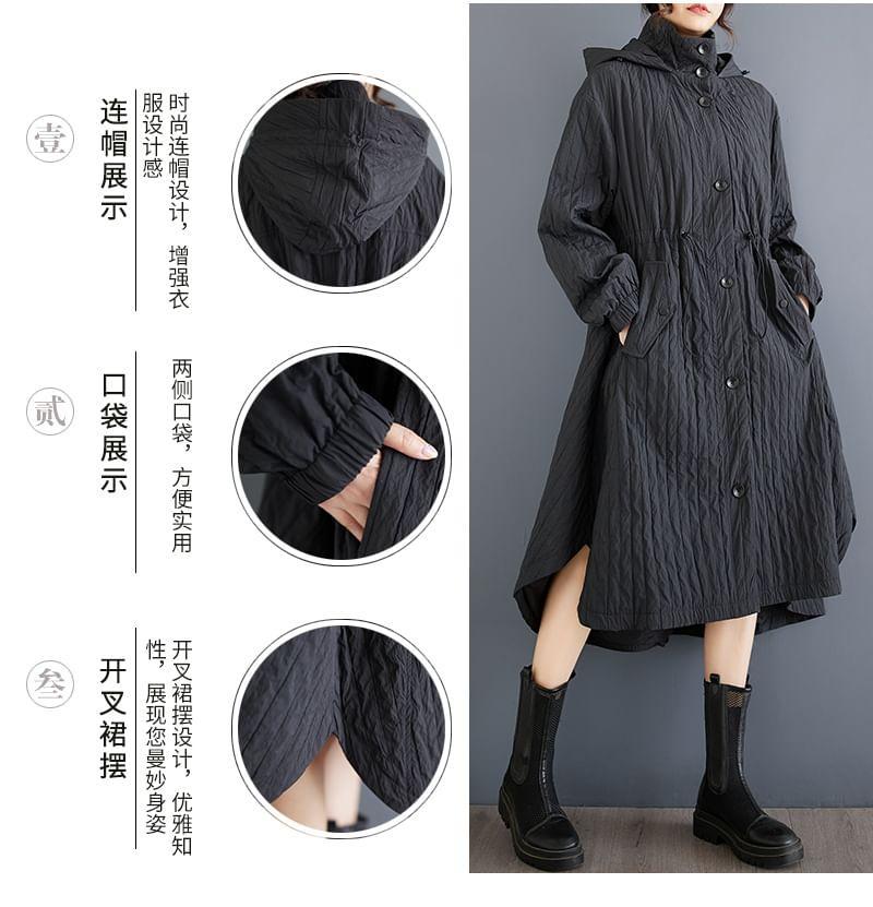 Stand Collar Plain Asymmetrical Hooded Midi Single-Breasted Coat Product Image