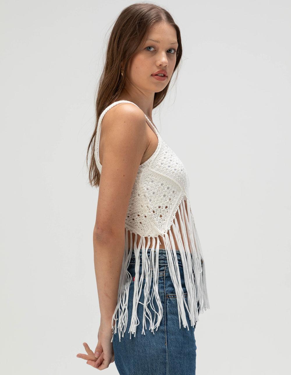 WEST OF MELROSE Crochet Fringe Womens Sweater Tank Top - CREAM Product Image