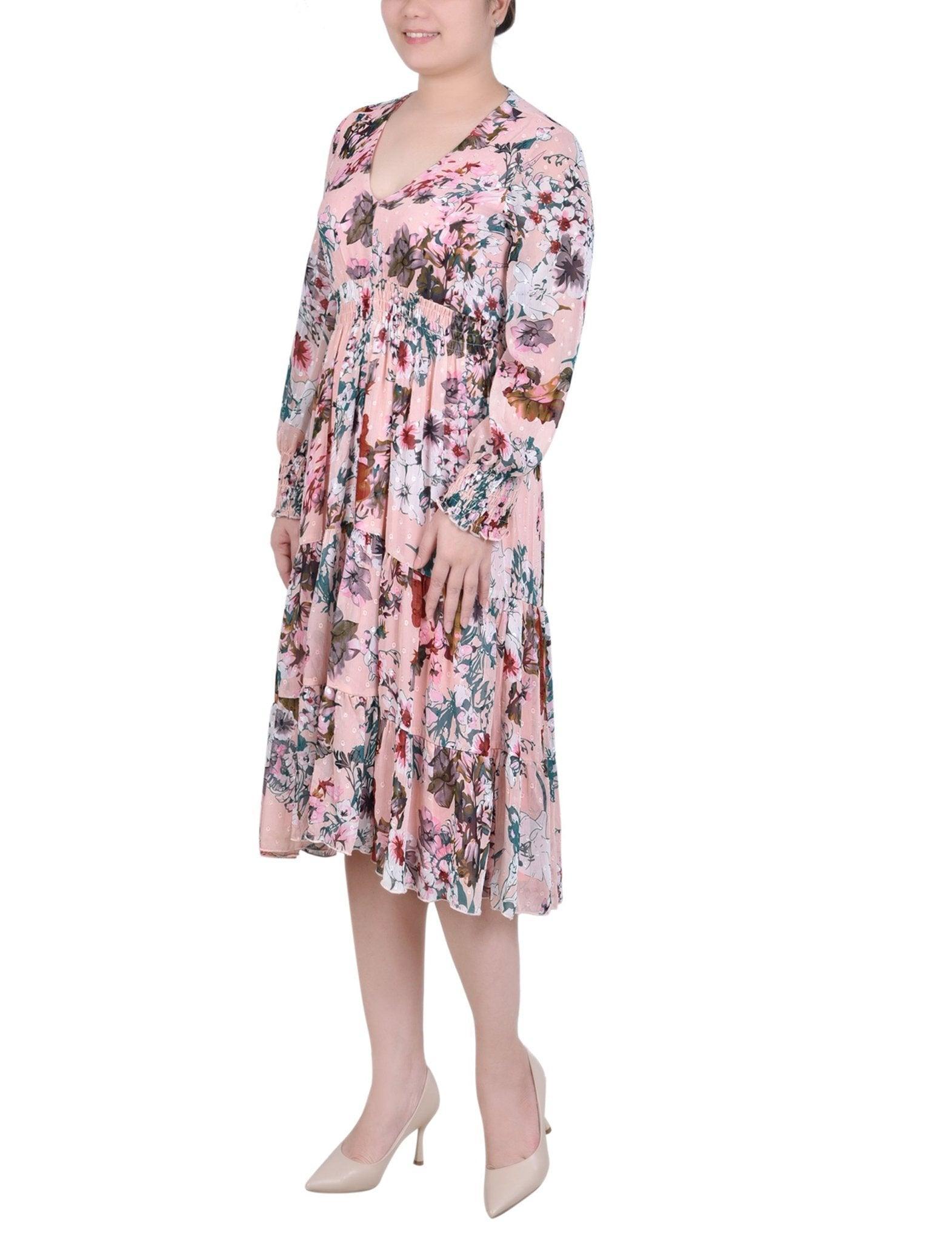 Blush Water Color Floral Long Sleeve Clip Dot Chiffon Dress With Smocked Waist and Cuffs Product Image