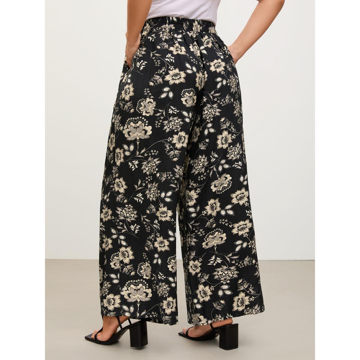 Plus Size Silhouette Floral Print Wide-Leg Pants Women BlackFlower Wide Leg Mid Rise Work Pants BloomChic 30/6X Product Image