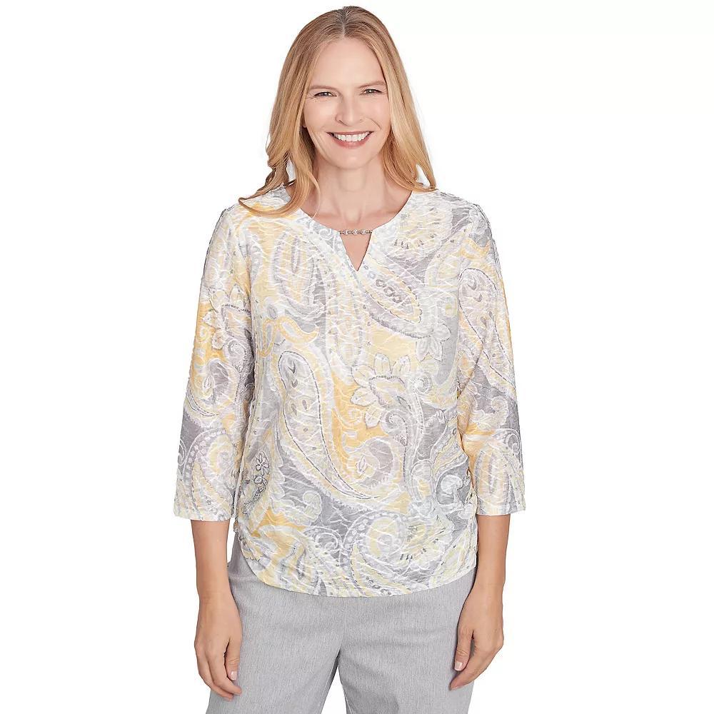 Petite Alfred Dunner Textured Paisley Beaded Neck Top, Women's, Size: Medium Petite, Gray Team Product Image
