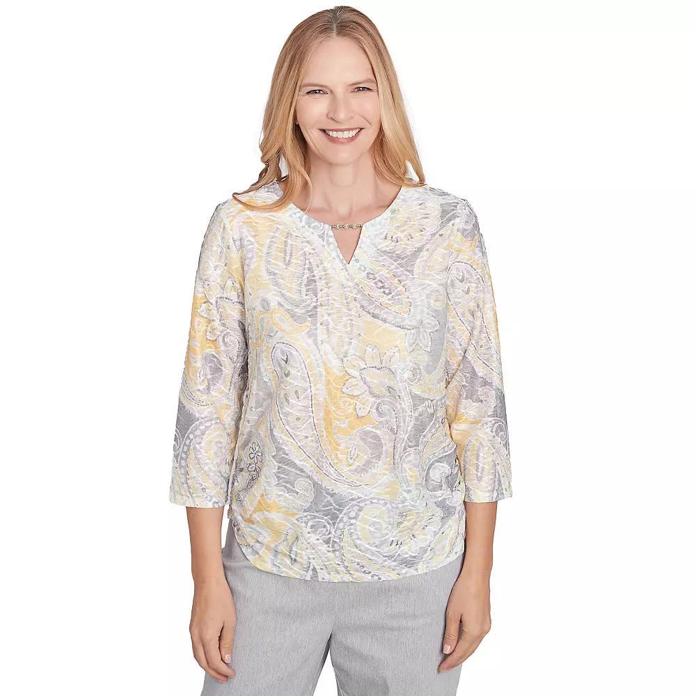 Petite Alfred Dunner Textured Paisley Beaded Neck Top, Women's, Size: Medium Petite, Gray Team Product Image