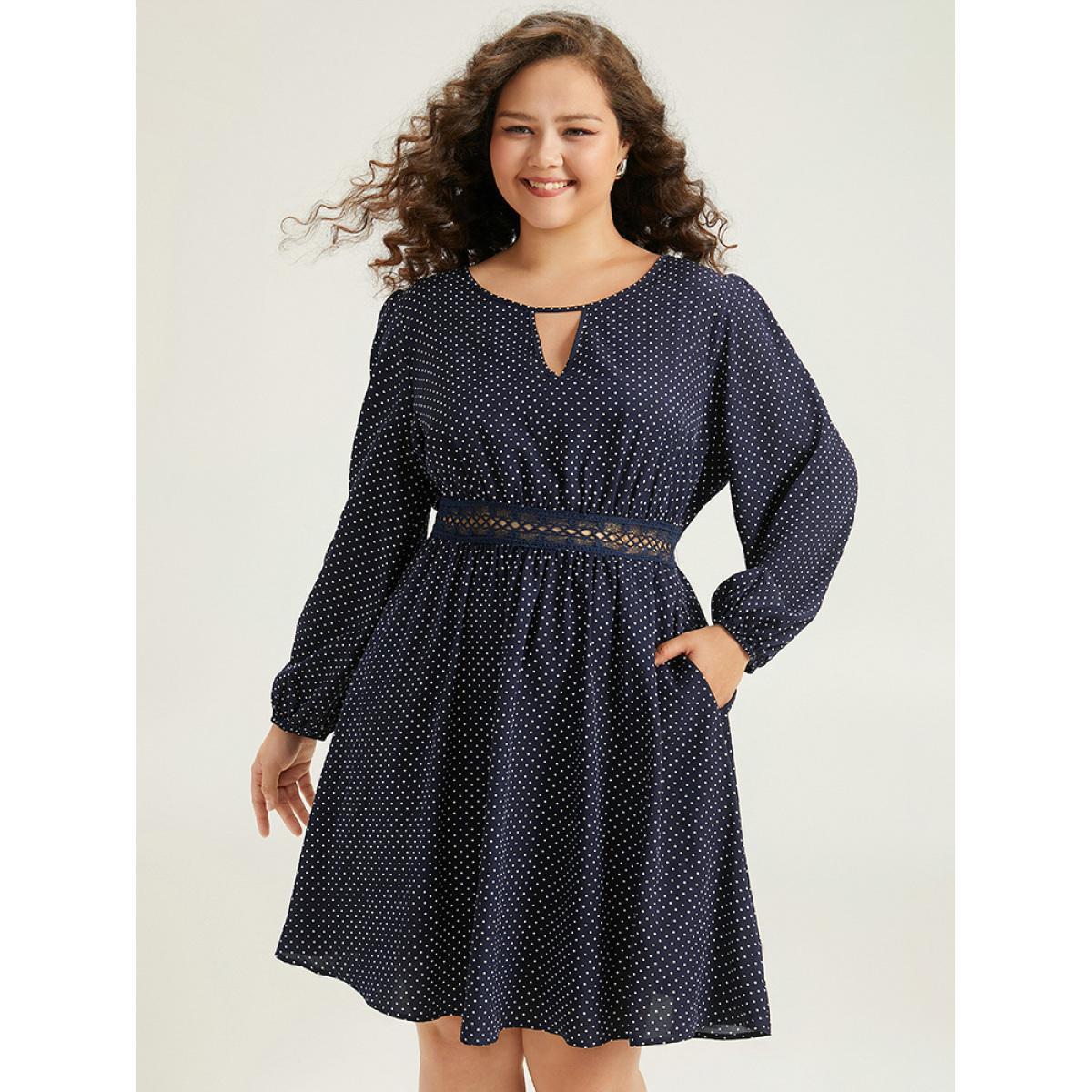 Plus Size Polka Dot Keyhole Lace Panel Dress Indigo Women Office Elastic cuffs Keyhole Cut-Out Long Sleeve Curvy Knee Dress BloomChic 28/5X Product Image