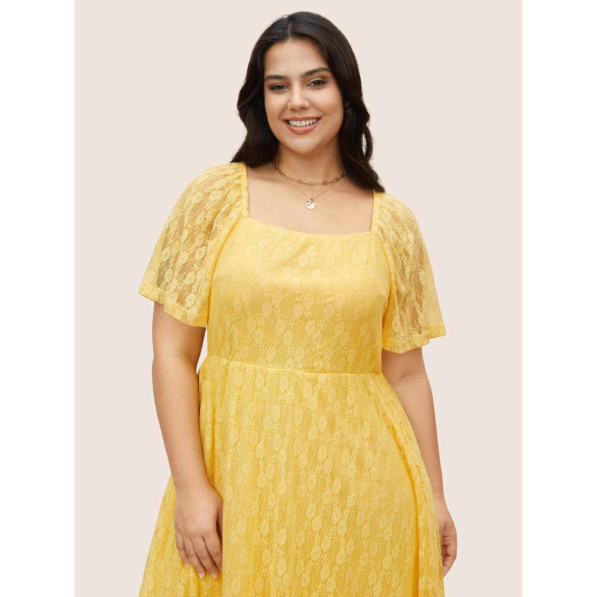 Plus Size Crochet Lace Mesh Ruffle Sleeve Dress Yellow Women Elegant Woven ribbon&lace trim Square Neck Short sleeve Curvy BloomChic 30/6X Product Image