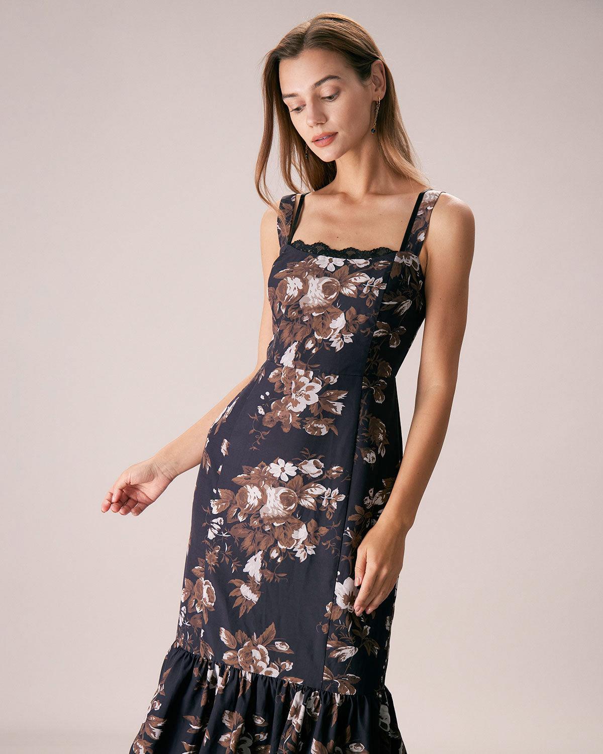 The Black Lace Trim Floral Mermaid Maxi Dress Product Image