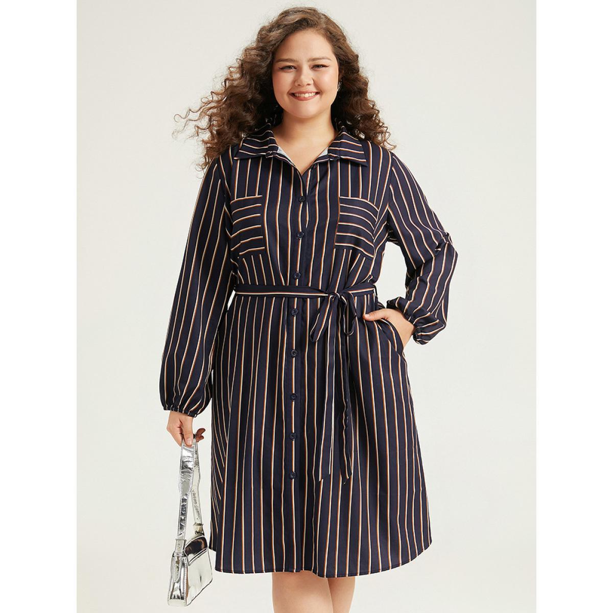 Plus Size Striped Belted Lantern Sleeve Button Through Dress Indigo Women At the Office Belted Shirt collar Long Sleeve Curvy Midi Dress BloomChic 28/5X Product Image